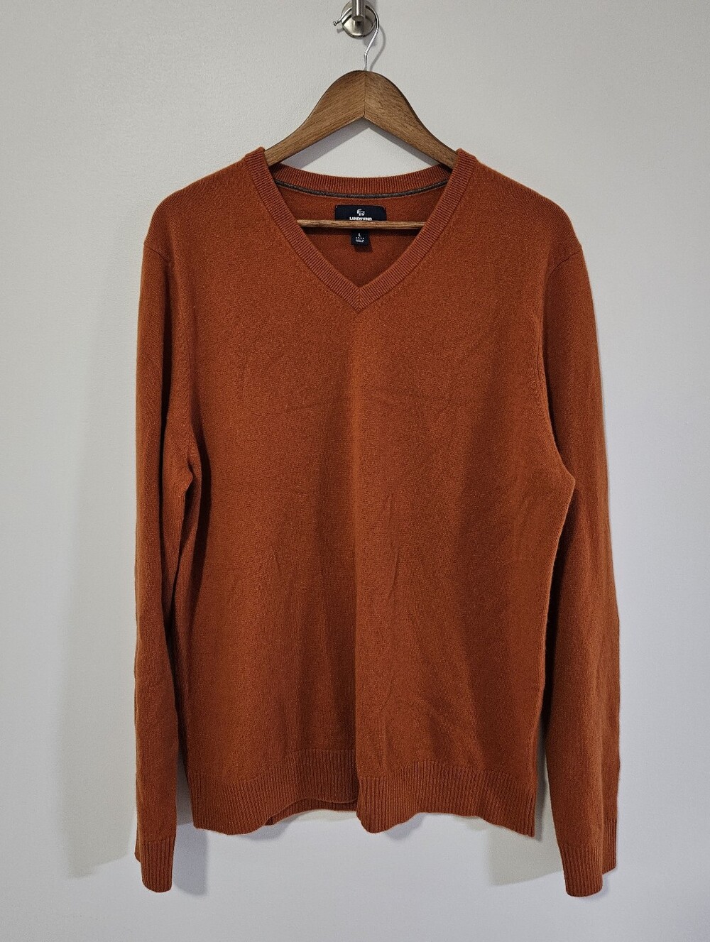 Men’s Lands End Cashmere V-Neck Sweater Large Burnt Orange